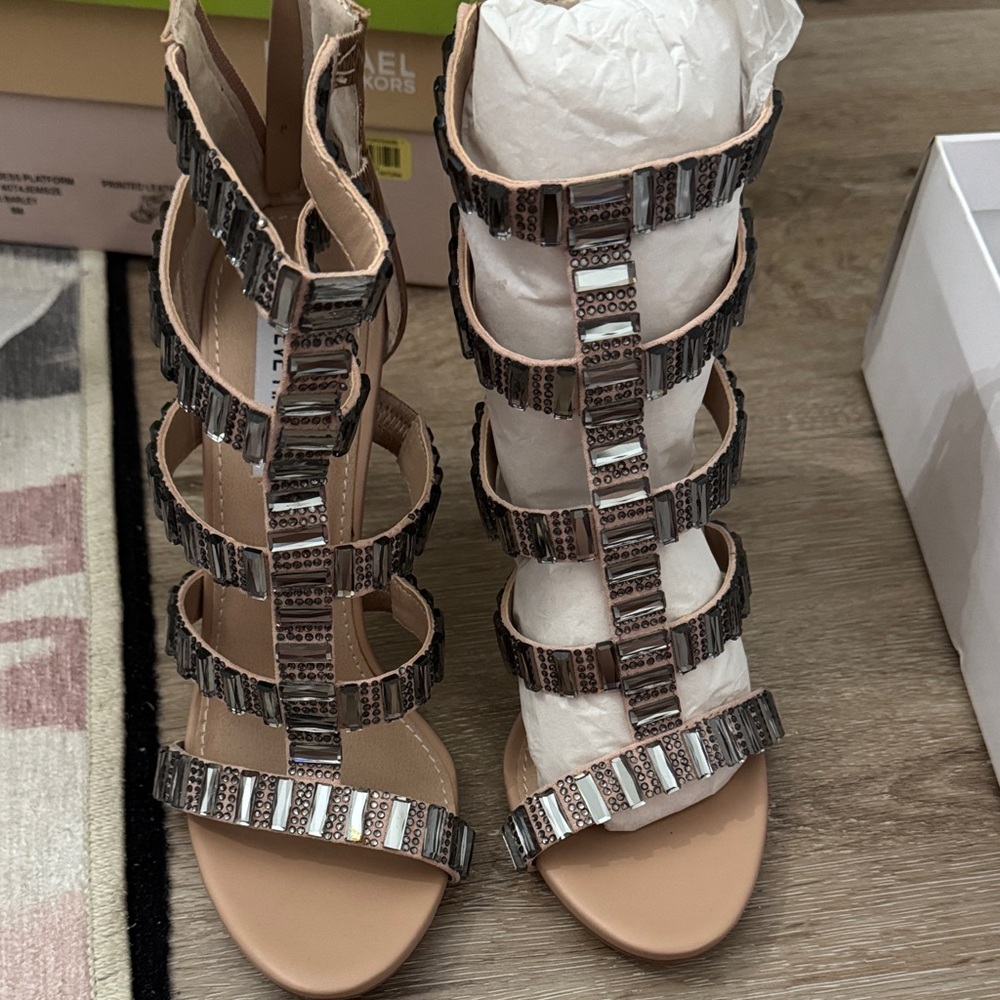 Steve Madden Nude Gladiator Heels with Gunmetal Embellishments